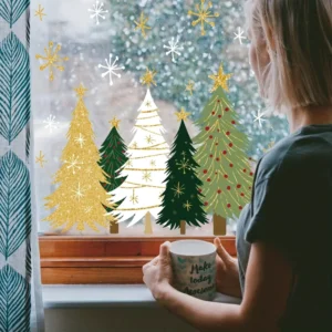 Modern Minimalist Xmas Static Window Stickers Colorful Christmas Tree Star Snowflake PVC Waterproof Electrostatic Decals