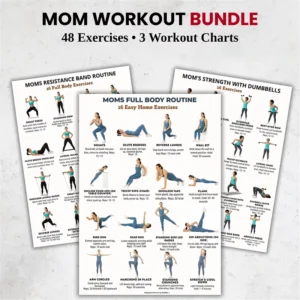 Mom Workout Bundle 48 Exercises 3 Printable Workout Charts Resistance Band Dumbbells for Postpartum and Busy Moms