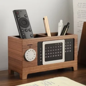 Multi-Function Calendar 2-Compartment Desk Caddy Pen Storage Maple Pine Natural Wood Desktop Organizer Pen Holder