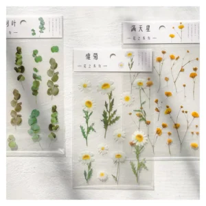 Natural Plant Flowers Transparent PET Leaves Self-adhesive Embossed Glossy Heart Pattern Stickers for Diary