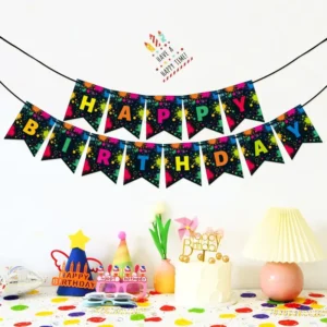 Neon Splatter Happy Birthday Banner Set White Card Hanging Flag for Glow Party