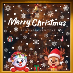New Year Christmas Decoration Static Sticker Snowman Reindeer Santa Claus Sleigh Window Sticker Snowflake Sticker