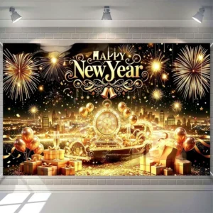 New Year European American Style Backdrop Photo Banner Hanging Cloth for Party Celebrations Customizable Fireworks Design