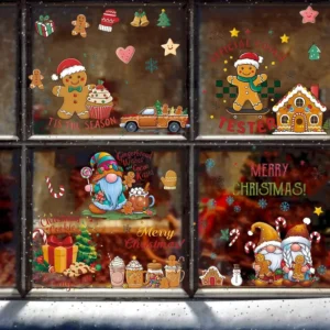 No Residue Reusable Christmas Electrostatic Window Stickers Gingerbread House Snowman PVC Waterproof Static Decals