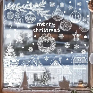 Nordic Style Christmas Static Glass Decals Reusable PVC No Residue Window Clings With Snow House Christmas Ball Holiday Decor