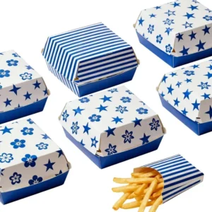 OEM Custom-Printed Blue-Striped Floral Greaseproof Paperboard Clamshell Box for Picnic, Takeaway, French Fries, and Burgers