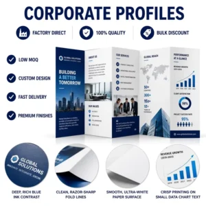 OEM Custom Tri-Fold Flyer Catalog Leaflet Brochure Printing Service with Hard Cover Including Postcard Flyer