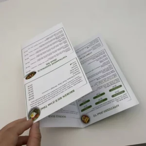 OEM Folded Catering Menu Brochure Trifold Food Menu Printing Waterproof Surface Treatment Custom Size and Content