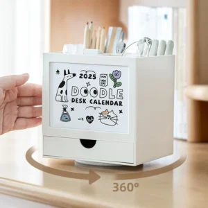 OEM ODM Cute Graffiti Calendar and Rotatable Pen Holder Storage with Drawer, 3-in-1 Design