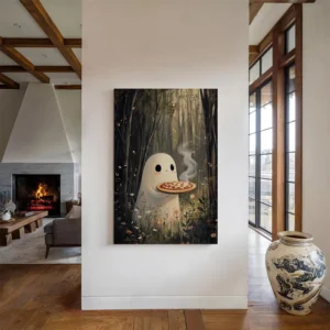 OEM ODM Service Whimsical Forest Ghost Serving Fresh Pizza Canvas Wall Art for Quirky and Playful Home Decor Print Posters
