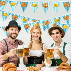 Oktoberfest Bunting Banner, 25-Pack Pennant Flags, Pretzel and Beer Mug, Bavarian Festival Party Decoration