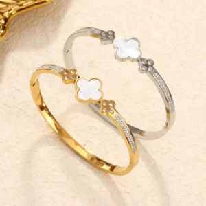 Open Flower Four-Leaf Clover Stainless Steel Bangle