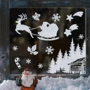 Outdoor Christmas Static Window Clings No Adhesive PVC Vinyl Stickers Snowflake Reindeer Cartoon Glass Door
