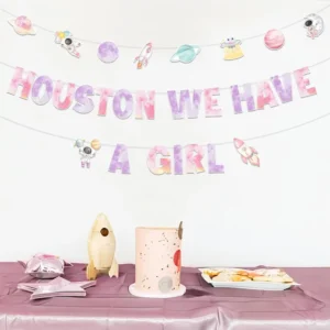 Outer Space Baby Shower Banner with Astronaut and Planets, Houston We Have a Girl Sign