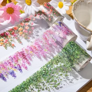 PET Floral Tape Stickers with Green Leaves for Scrapbooks, Journals, Notebooks, Albums and Gift Wrapping