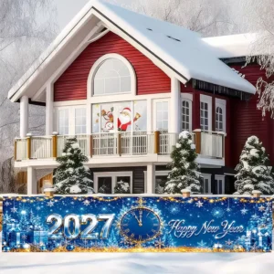 Panoramic New Year Countdown Banner, Blue and Silver, Portable Lightweight Party Wall Backdrop
