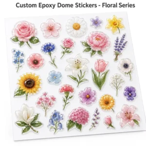 Personalized Epoxy Dome Adhesive Logo Stickers with Raised Surface, Glitter Option, and Backing Card Set