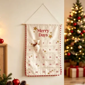 Personalized Merry Days Fabric Scalloped Trim Christmas Advent Calendar with 25 Pockets