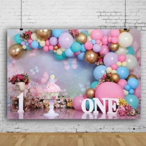 Pink Backdrop Balloons Photography Background, Cake Table Banner Props, Birthday Party Decoration