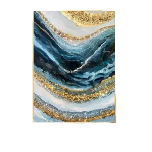 Pink Blue Gold Crystal Porcelain Framed Abstract Canvas Wall Art
