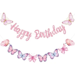 Pink Butterfly Birthday Banner 63 x 23.6 Inches Fade Resistant Lightweight for Women Girls and Teen Girls