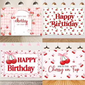 Pink Cherry Birthday Banner Background Cloth Cherry on Top Girly Party Decorations