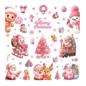 Pink Christmas Glass Window Stickers, Tree, Snowman, Santa, Deer and Snowflake Static Cling Decals