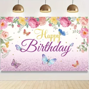 Pink Flower Birthday Background Banner, 100D Polyester Party Decoration Flag