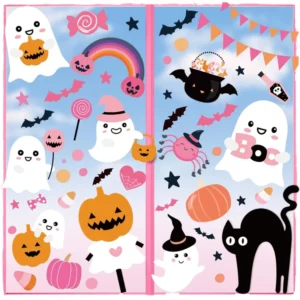 Pink Halloween Window Clings & Stickers Ghost Bat Pumpkin PVC Reusable Home Classroom Kids Rooms Decorations 9 Sheets