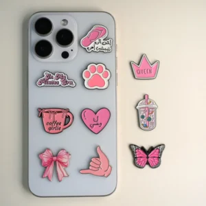 Pink Soft Enamel Phone Stickers Custom Engraved Arabic and Pilates Theme Factory Phone Decoration