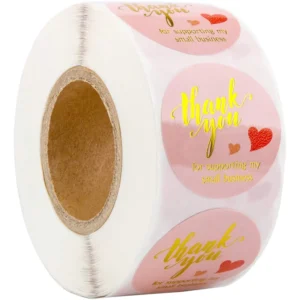 Pink and Gold Foil Thank You Sticker Roll, Self-Adhesive Heart Pattern Art Paper Stickers