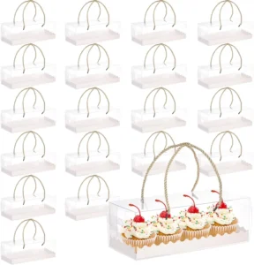 Plastic Cake Boxes with Gold Rope Handle Foldable Clear Cake Boards for Roll Box Food Packaging Bakery Dessert Biscuits