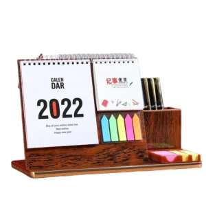 Popular Custom DIY Wooden Desk Calendar Table Top Wood Calendar Stand With Clock for Office Use Home Decoration Paper Material