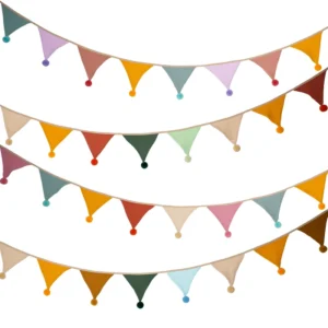 Pre-Strung Cotton Fabric Triangle Pennant Bunting Garland, Double-Sided, Birthday and Baby Shower Decor