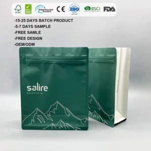 Printed Resealable 150g, 250g, and 500g Matte Coffee Bag with Zipper, 8-Side Seal, Gusset, Flat Bottom, and Valve