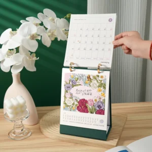 Promotional Custom Logo Printed Spiral Wire Monthly Stand Flip Long Unique Table Desk Calendar