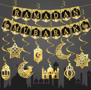 Ramadan Eid Mubarak Decoration Gold Black Paper Banner Islamic Ornaments Muslim Party Hanging Supplies Flag Crafts Durable