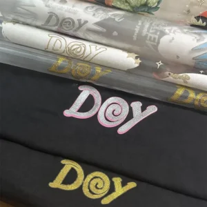 Ready-to-Press Custom DTF Labels with Silver Gold Glitter Powder for T-Shirts