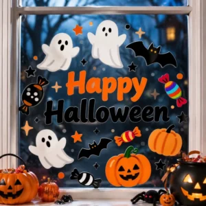 Removable Disposable Halloween Window Clings Black Spider Pumpkin Cartoon Glass Stickers for Window Decorations