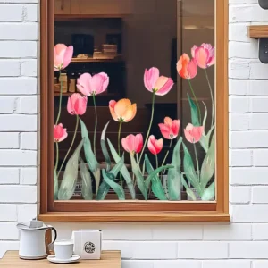 Removable Pink Floral Window Decals UV Printed PVC Stickers with Hibiscus Cherry Blossom Daisy for Store Glass Door Decor