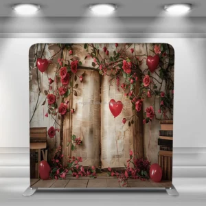 Retro Book Rose Vine Valentine’s Day Tension Fabric Backdrop, Pillow Cover, Banner Wall Stand for Trade Shows and Events