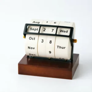 Retro Wooden Perpetual Manual Rotating Wheel Calendar for Office Desktop