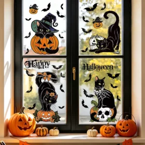 Reusable Halloween Waterproof PVC Static Cling Window Stickers with Black Cat Pumpkin and Witch Patterns