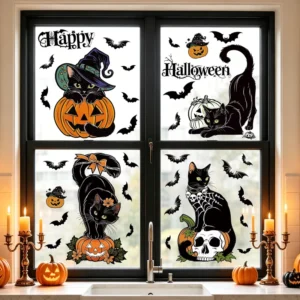 Reusable Halloween Waterproof PVC Static-Cling Window Stickers with Black Cat, Pumpkin and Witch Patterns