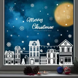 Reusable No Residue Christmas Static Stickers Winter Snow Town Sleigh Snowflake Pattern Static Window Clings