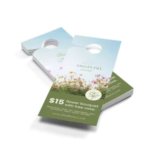 Rigid Paper Double-Hook Cutout Perforated Contact Info Strip Automotive Shop Door Hanger Cards