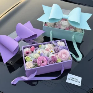 Rose Flower Gift Box with Ribbon Handle, Drawer-Style PVC/PET Plastic Packaging Box