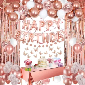 Rose Gold Birthday Balloon Set with Happy Birthday Banner and Party Decorations