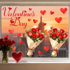 Rose Valentine’s Day Hearts Window Clings Heart Cloud Static Glass Stickers for Bedroom Decor