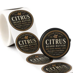 Round Jar Label Stickers, Spot Varnish, Foil Stamped Adhesive Labels for Beard Oil and Pomade Packaging, Manufacturer